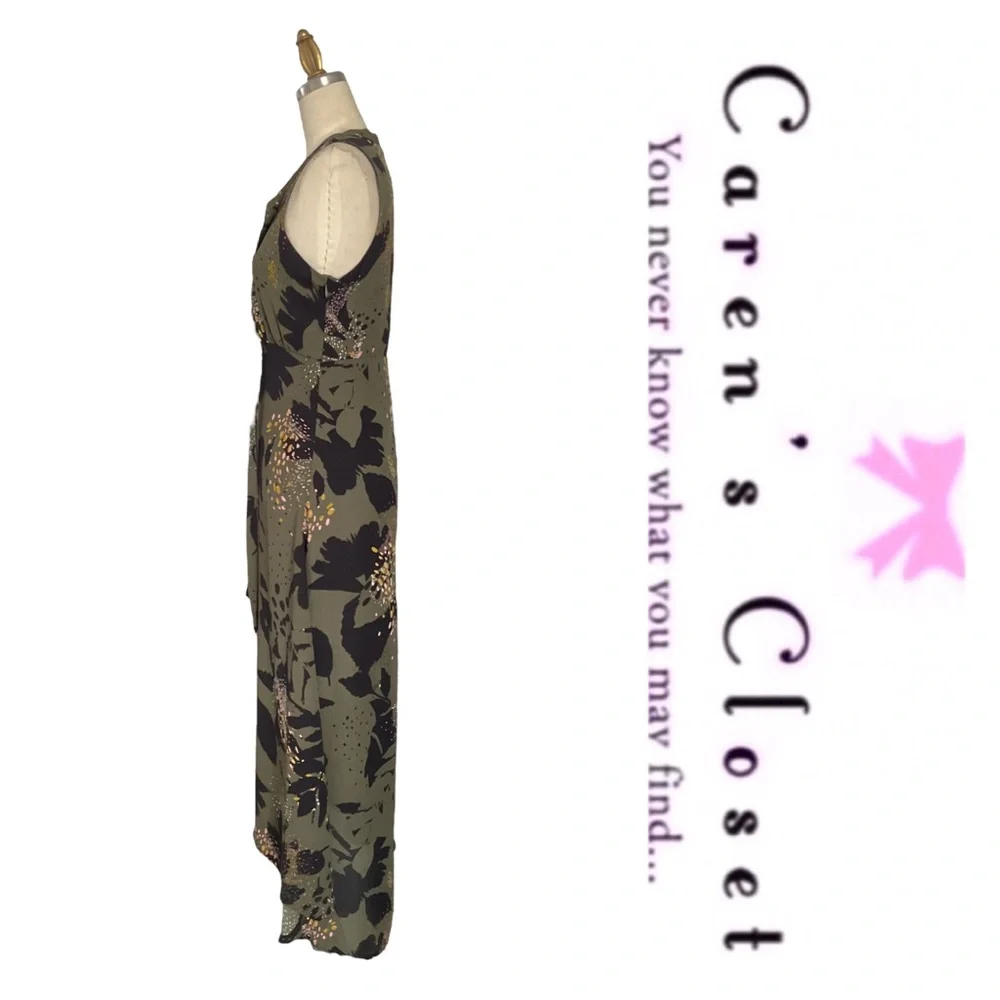 Bar III Olive Green Organic Print Sleeveless High Low Midi Dress - Picture 8 of 11